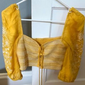 Embroidered yellow long sleeved crop top